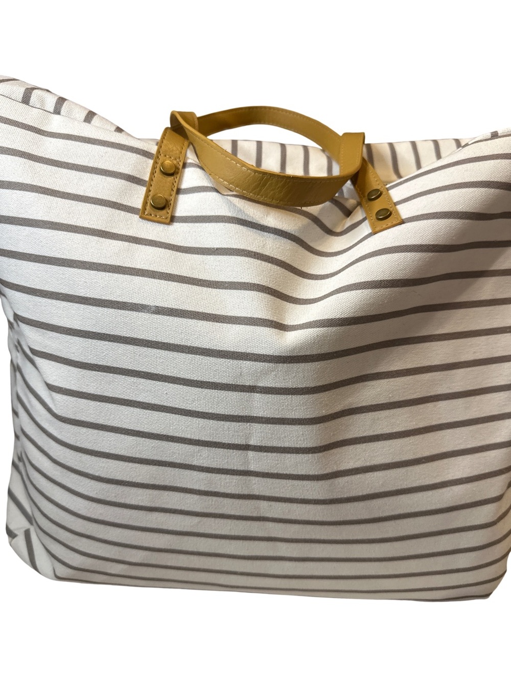 Cozy Earth Striped Travel Tote in White and Gray with Tan Handles - Picture 3 of 5